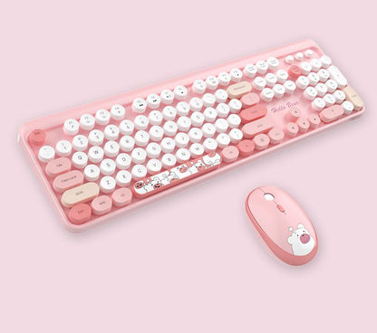 Hello Bear" Wireless Keyboard and Mouse Combo - 2.4G Retro Round Keycaps(pink)"