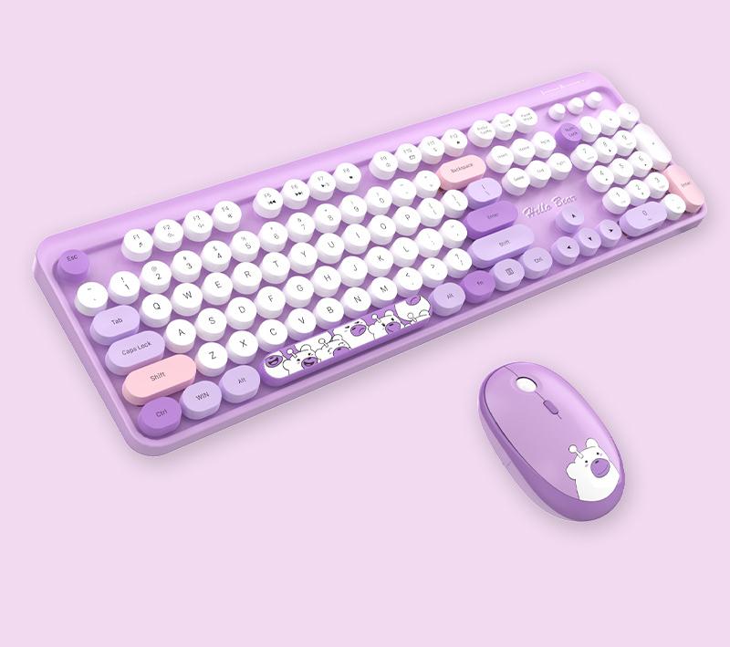 Hello Bear" Wireless Keyboard and Mouse Combo - 2.4G Retro Round Keycaps(Purple)"