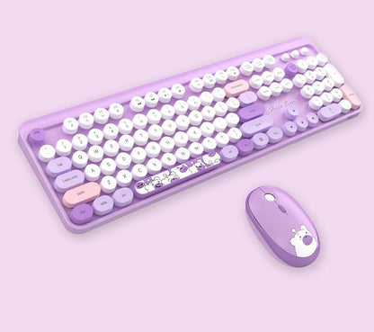 Hello Bear" Wireless Keyboard and Mouse Combo - 2.4G Retro Round Keycaps(Purple)"