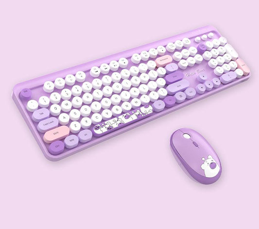 Hello Bear" Wireless Keyboard and Mouse Combo - 2.4G Retro Round Keycaps(Purple)"