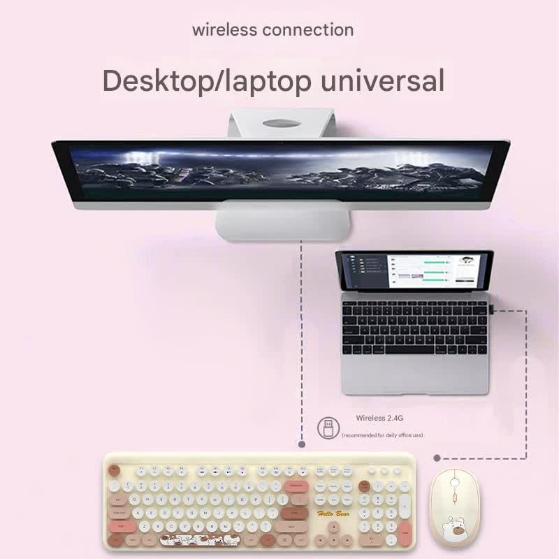 Hello Bear" Wireless Keyboard and Mouse Combo - 2.4G Retro Round Keycaps(Purple)"