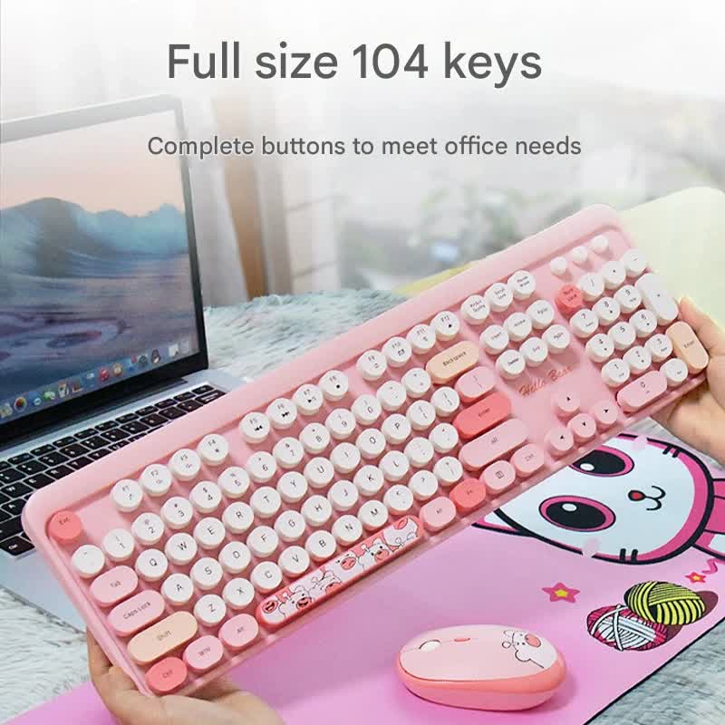 Hello Bear" Wireless Keyboard and Mouse Combo - 2.4G Retro Round Keycaps(Purple)"