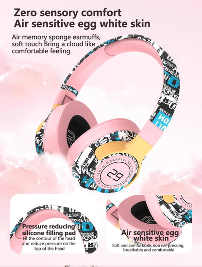 Trendy Graffiti Wireless Over-Ear Headphones - Bluetooth 5.1, HIFI 360 Surround Sound, 12H Playtime, Low Latency(pink)