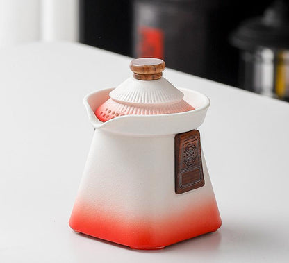 Artisan Ceramic Tea Pot with Built-in Strainer - 280ml, Gradient Finish & Wooden Accents(White+red)