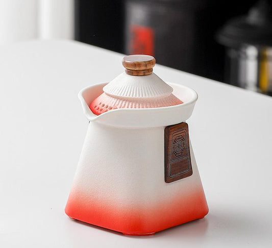 Artisan Ceramic Tea Pot with Built-in Strainer - 280ml, Gradient Finish & Wooden Accents(White+red)