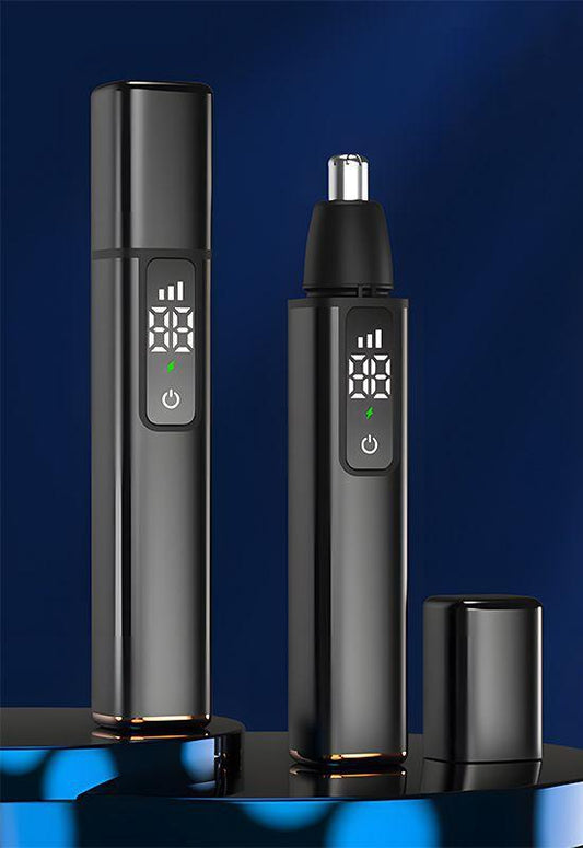 Rechargeable Electric Nose & Ear Hair Trimmer with Eyebrow Attachment - LCD Display, Washable Head, Type-C Charging(Black)