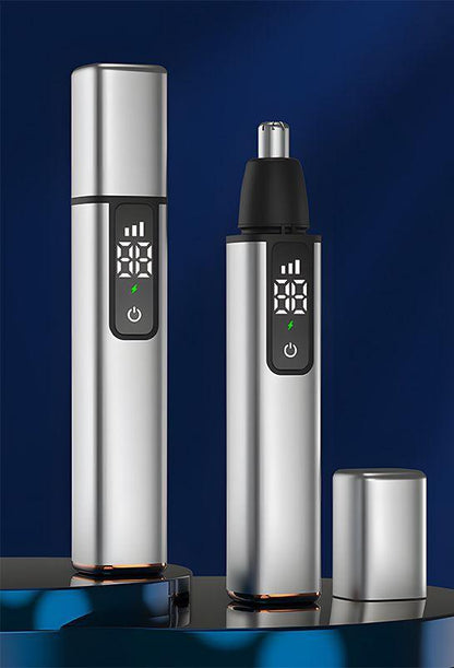 Rechargeable Electric Nose & Ear Hair Trimmer with Eyebrow Attachment - LCD Display, Washable Head, Type-C Charging(Silver)