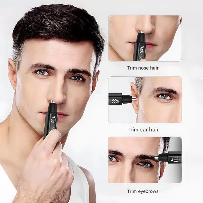 Rechargeable Electric Nose & Ear Hair Trimmer with Eyebrow Attachment - LCD Display, Washable Head, Type-C Charging(Silver)