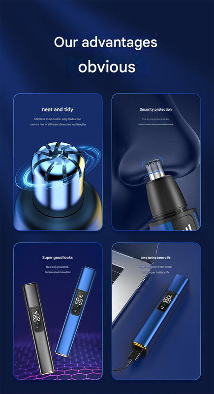 Rechargeable Electric Nose & Ear Hair Trimmer with Eyebrow Attachment - LCD Display, Washable Head, Type-C Charging(Silver)