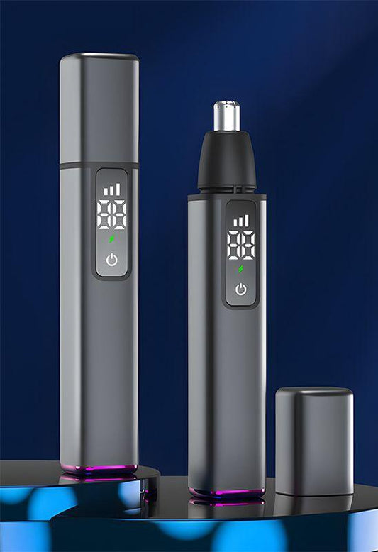 Rechargeable Electric Nose & Ear Hair Trimmer with Eyebrow Attachment - LCD Display, Washable Head, Type-C Charging(Gray)