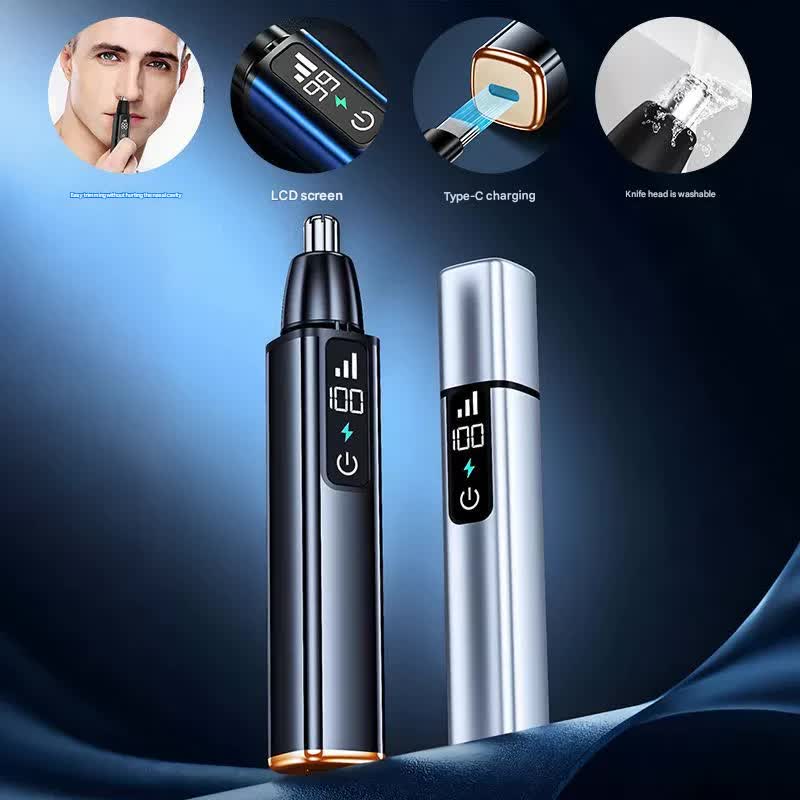 Rechargeable Electric Nose & Ear Hair Trimmer with Eyebrow Attachment - LCD Display, Washable Head, Type-C Charging(Gray)