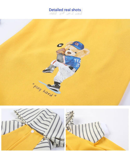 Autumn/Winter Dog Clothes - Yellow Hoodie with Striped Hood & Baseball Bear (Size - XL)