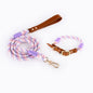 Premium Leather Pet Collar and Leash - Soft, Strong Braided Rope (Pink Purple - Size M)