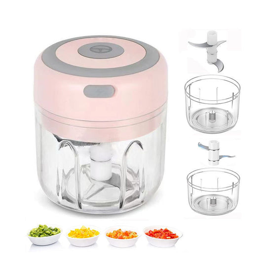 Pink Compact Cordless Electric Mini Food Chopper Set - USB Rechargeable Garlic Masher & Veggie Dicer (100ml & 250ml)