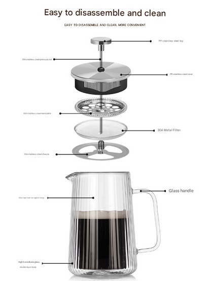 Transparent Elegant Ribbed Double Wall Glass French Press - 350ml Heat Resistant Coffee and Tea Maker with Stainless Steel Filter