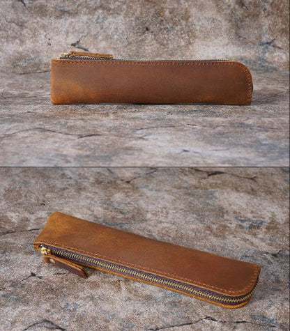 Coffee Vintage Crazy Horse Leather Zippered Pen Case - Retro Pencil Pouch & Small Accessories Bag