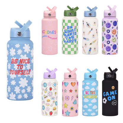 Style 11G Colorful Plaid Vibrant Fun Print 1L Stainless Steel Insulated Water Bottle - 32oz Large Capacity with Straw Lid & Carry Handle - BPA-Free