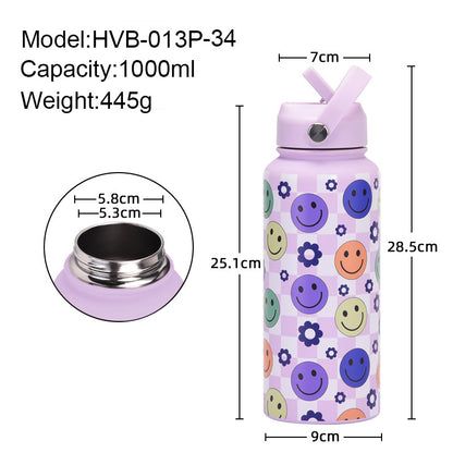 Style 11G Colorful Plaid Vibrant Fun Print 1L Stainless Steel Insulated Water Bottle - 32oz Large Capacity with Straw Lid & Carry Handle - BPA-Free