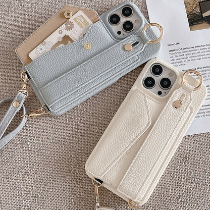 Beige Chic PU Leather Crossbody Wallet Case for iPhone 16 - Card Holder with Detachable Strap & Finger Ring Grip