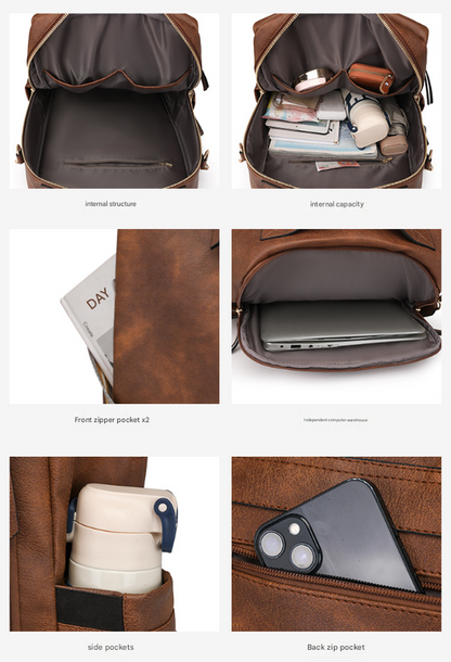 Beige Women's Vintage PU Leather Anti-Theft Backpack - Convertible Shoulder Bag & Laptop Rucksack for Travel & Daily Use