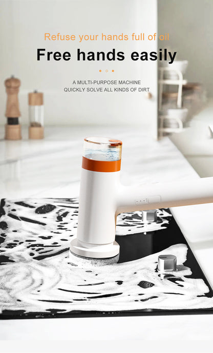 White and Orange Powerful Cordless Electric Spin Scrubber - Rechargeable Multi-Head Cleaning Brush with Soap Dispenser