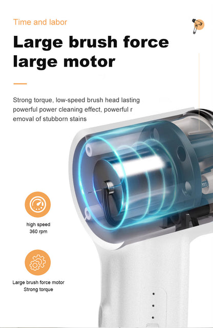 White and Orange Powerful Cordless Electric Spin Scrubber - Rechargeable Multi-Head Cleaning Brush with Soap Dispenser
