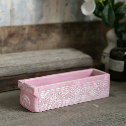 Pink Rustic Cement Pig Design Succulent Planter Trough - 31cm Decorative Animal Pot