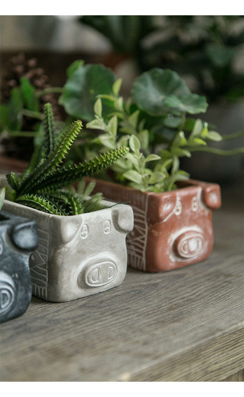 Grey Rustic Cement Pig Design Succulent Planter Trough - 31cm Decorative Animal Pot