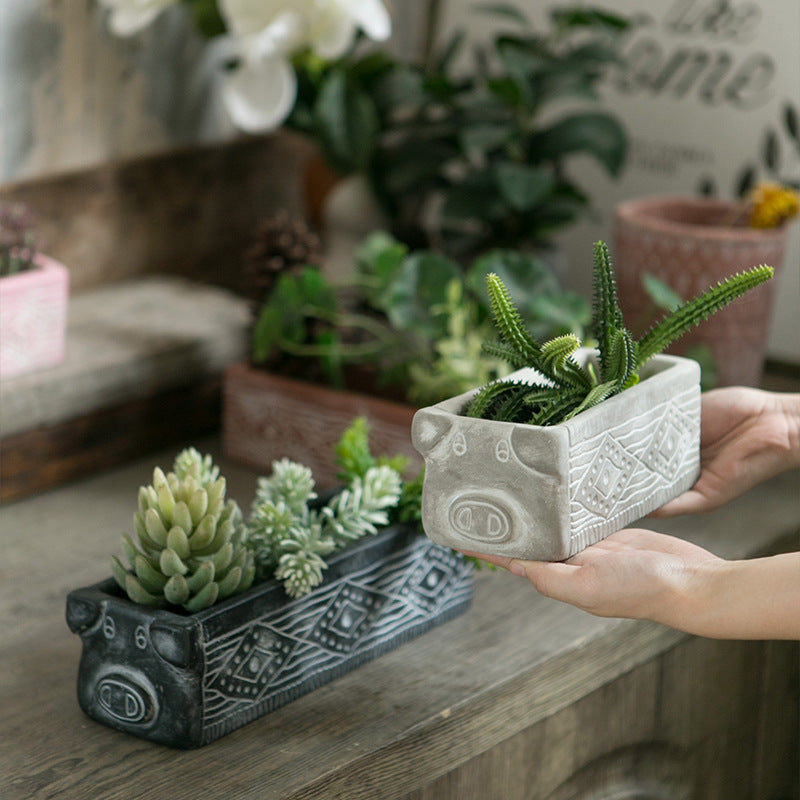 Grey Rustic Cement Pig Design Succulent Planter Trough - 31cm Decorative Animal Pot