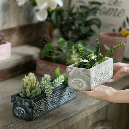 Grey Rustic Cement Pig Design Succulent Planter Trough - 31cm Decorative Animal Pot