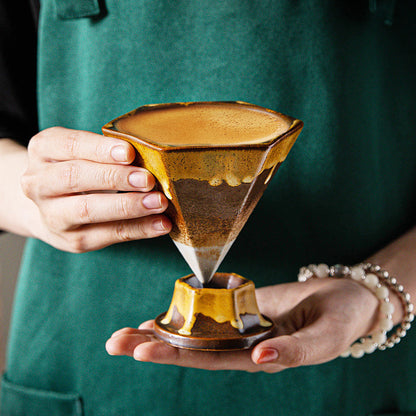 Brown and Gold Artistic Hexagonal Ceramic Coffee Cup & Stand Set - 180ml Nordic Design Drip Glaze Mug