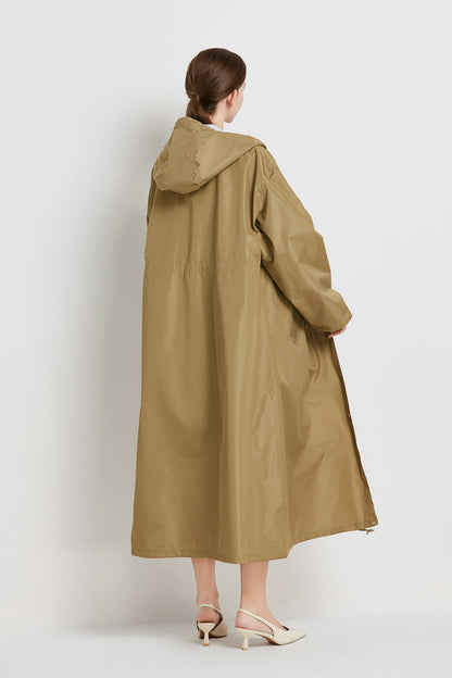 Size XL Khaki Women's Chic Lightweight Waterproof Raincoat - Long Hooded Packable Rain Jacket with Pouch