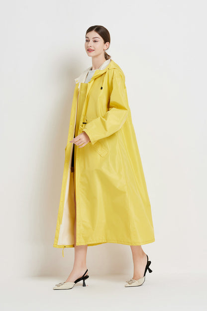 Size L Yellow Women's Chic Lightweight Waterproof Raincoat - Long Hooded Packable Rain Jacket with Pouch