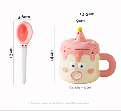 Blue Adorable Cartoon Character Ceramic Mug Set - 420ml with Fun Cake Design Lid & Matching Spoon - Perfect Gift