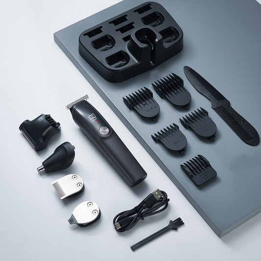 Black Professional All-in-One Cordless Grooming Kit - Men's Hair Clipper & Beard Trimmer with LED Display, USB-C Rechargeable