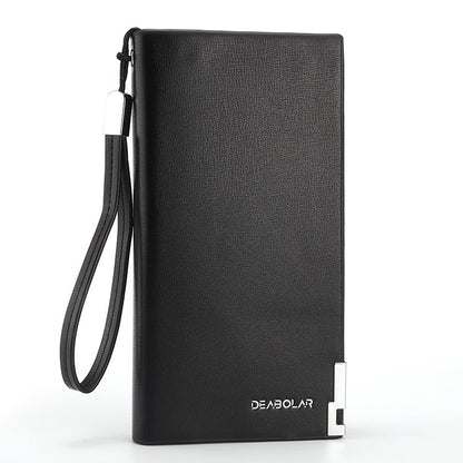 Black Men's Business Casual Long Wallet Clutch - PU Leather Large Capacity Phone & Card Holder with Wrist Strap