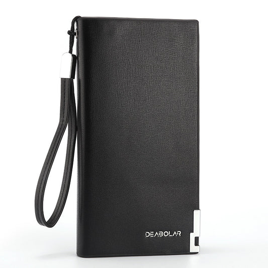 Black Men's Business Casual Long Wallet Clutch - PU Leather Large Capacity Phone & Card Holder with Wrist Strap