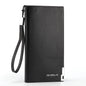 Black Men's Business Casual Long Wallet Clutch - PU Leather Large Capacity Phone & Card Holder with Wrist Strap