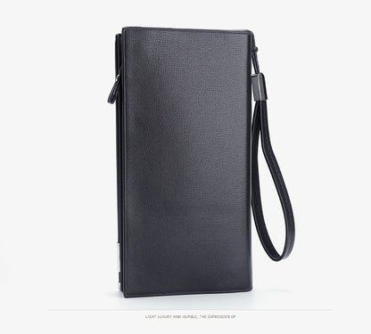 Black Men's Business Casual Long Wallet Clutch - PU Leather Large Capacity Phone & Card Holder with Wrist Strap