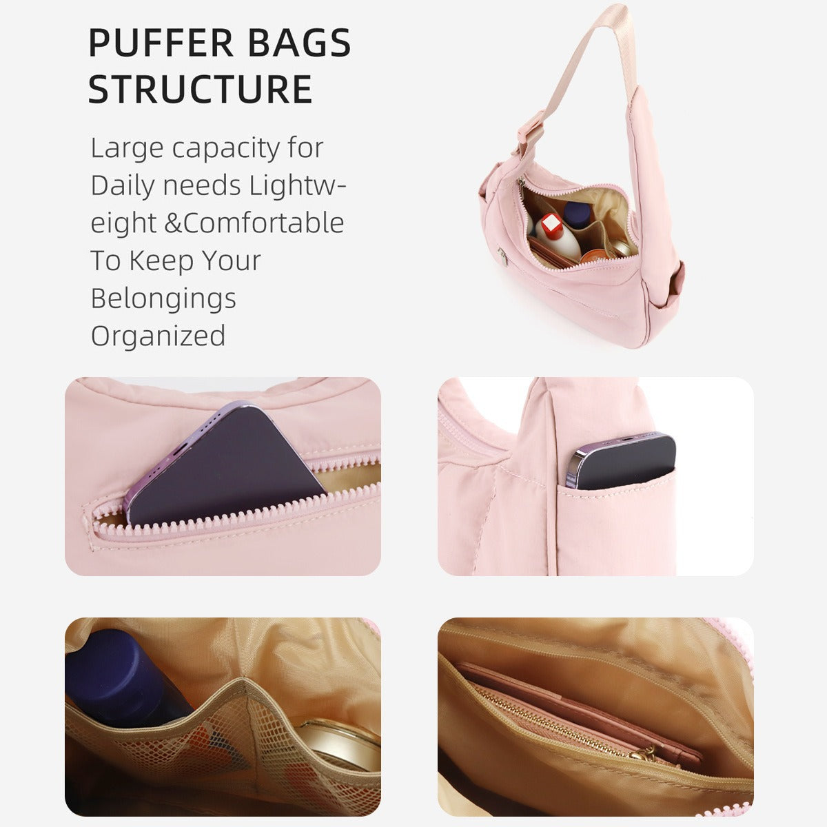 Green Trendy Nylon Puffer Shoulder Bag for Women - Lightweight Large Capacity Underarm Tote