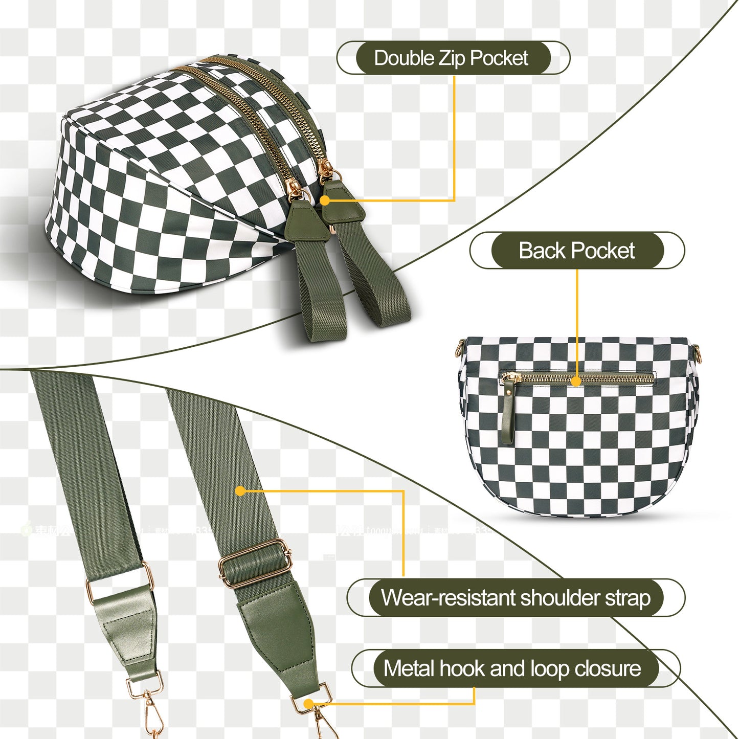 Light Grey Checkered Trendy Sling Bag - Women's Crescent Crossbody Purse with Wide Adjustable Strap