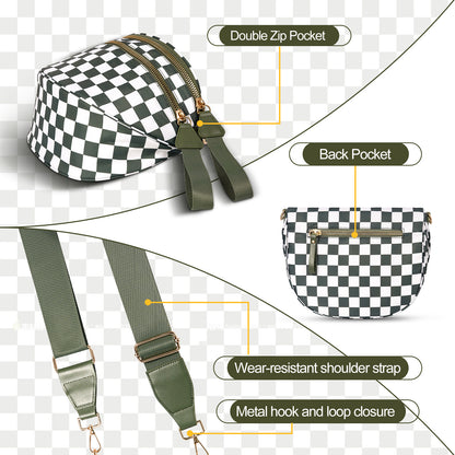 Light Grey Checkered Trendy Sling Bag - Women's Crescent Crossbody Purse with Wide Adjustable Strap