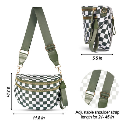 Black-brown Checkered Trendy Sling Bag - Women's Crescent Crossbody Purse with Wide Adjustable Strap