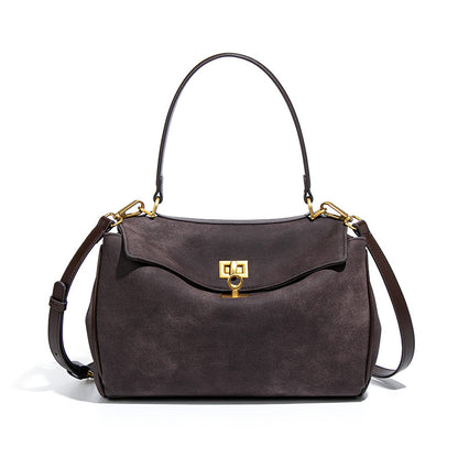 Coffee Women's Vintage Suede Satchel Bag - Elegant Top Handle Purse with Gold Lock