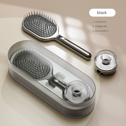 Black Premium Self-Cleaning Hair Brush Set with Stand - Anti-Static Detangling & Scalp Massage Paddle Brush