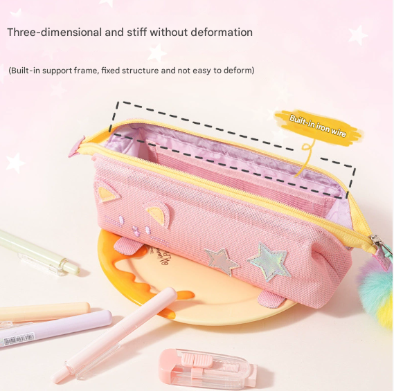 Green Cute Cat Pencil Case for Girls - Large Capacity Sparkly Stationery Pouch with Fluffy Pom Pom