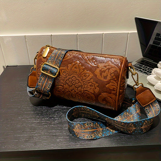 Brown Vintage Embossed Crossbody Barrel Bag with Wide Adjustable Guitar Strap