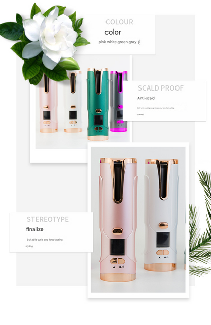 Pink Wireless Auto-Rotating Curling Iron - Smart Anti-Scald Mini Styler