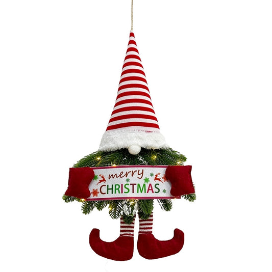 LED Lighted Christmas Gnome Wreath - Festive Hanging Front Door Decor with Dangle Legs