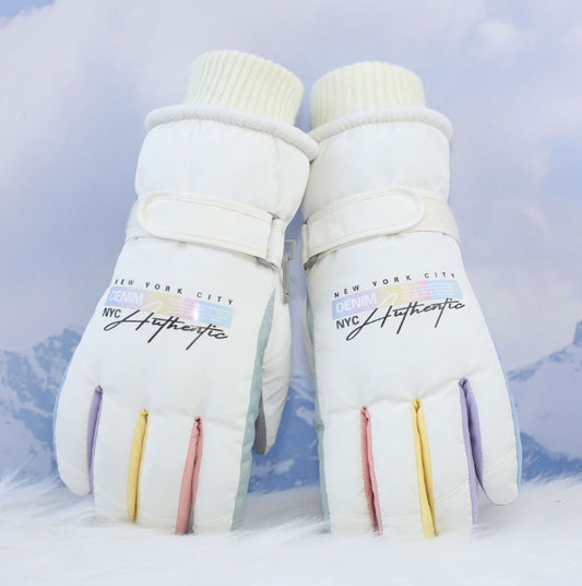 White Women's Warm Winter Ski Gloves - Waterproof & Windproof Touchscreen Gloves for Snow Sports